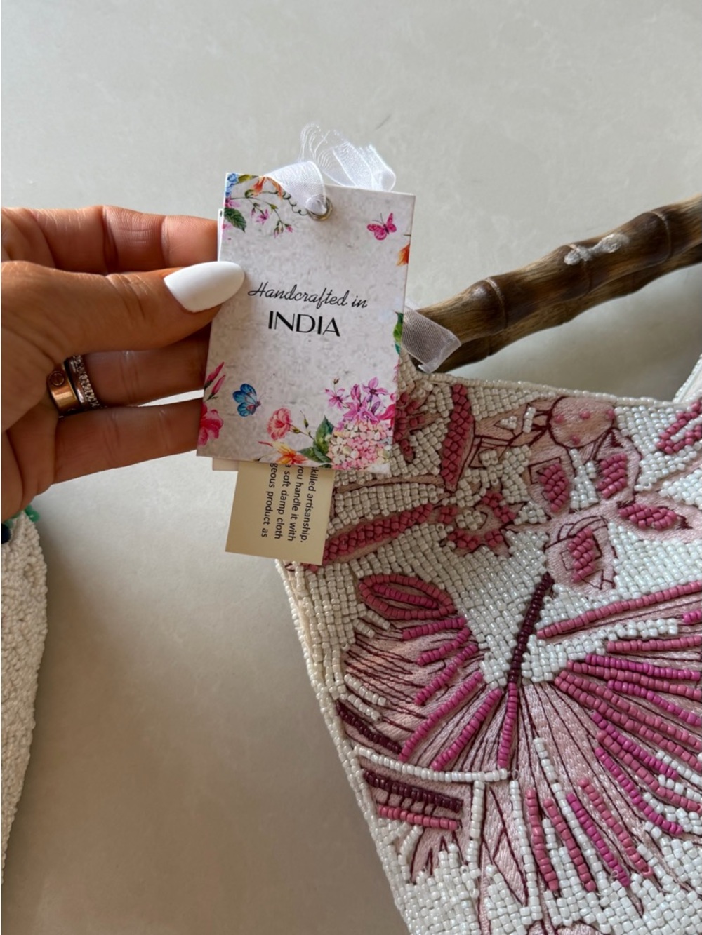 Embellished Beaded Floral Top-Handle Bag in White and Pink - Picture 5 of 6